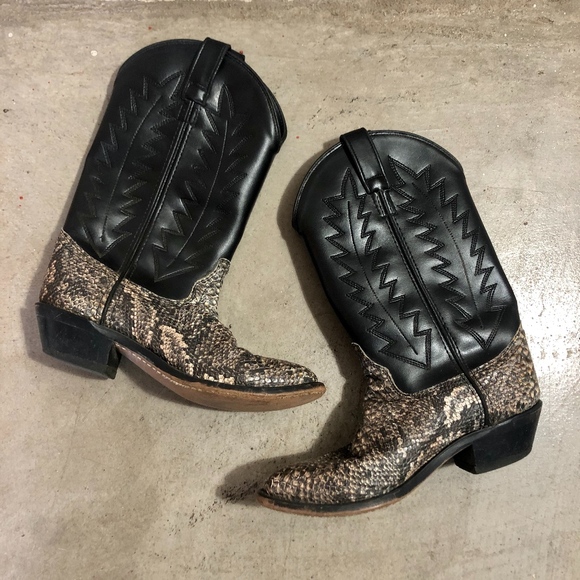 Shoes - Black & Tan Snakeskin Calf High Cowboy Boots